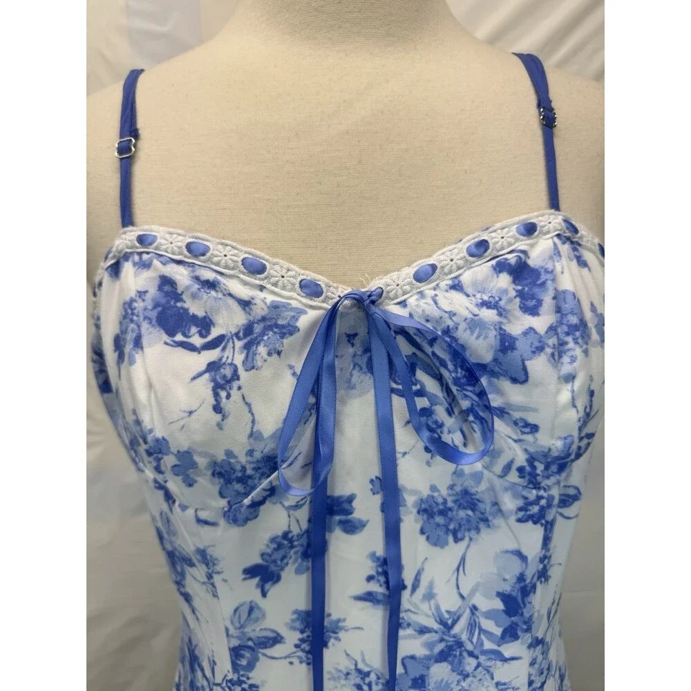 Altar'd State Floral Bow Dress Med White Blue Babydoll Short Ruffle Sweetheart - Picture 6 of 12